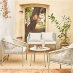 sweeek Salon de jardin beige MANTOVA en acier et cordes en résine 4 places un canapé deux fauteuils une table ronde – Image 2